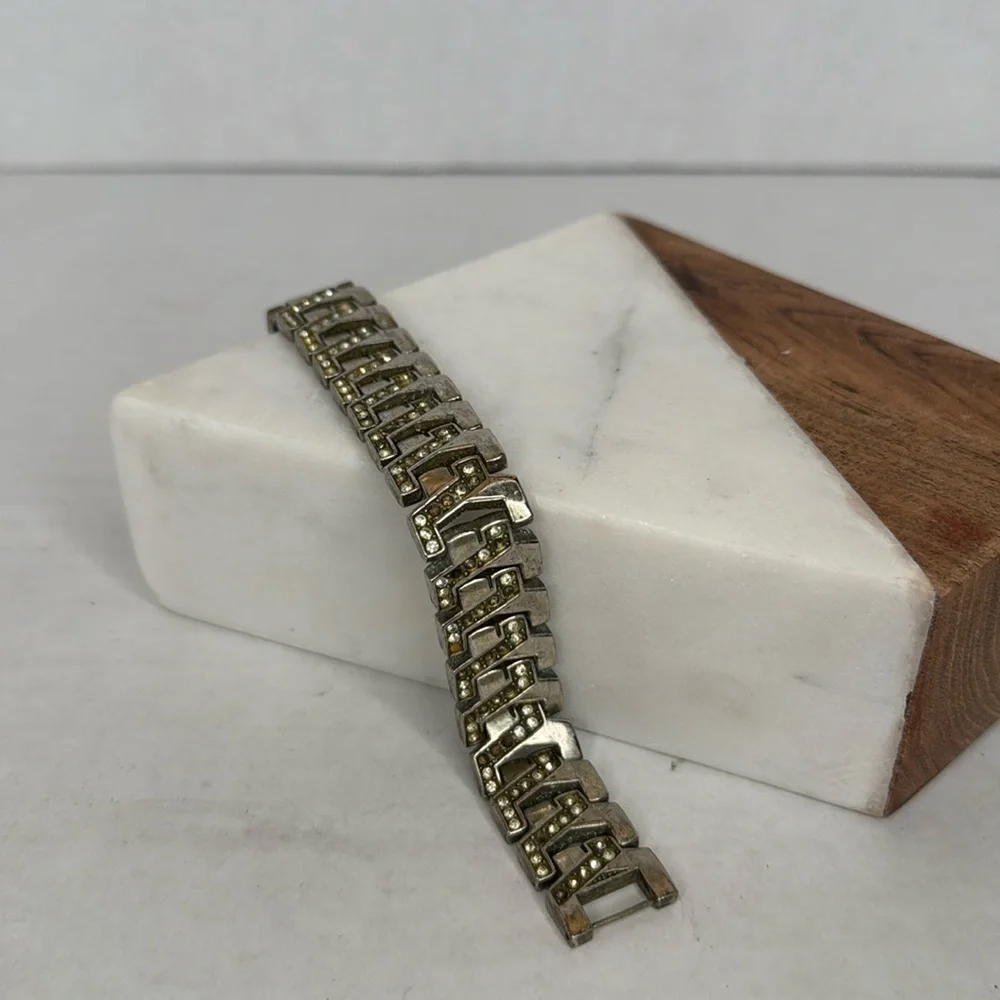 Vintage Art Deco bracelet 1930s-1940s clear Rhinestone glass chrome plate C22